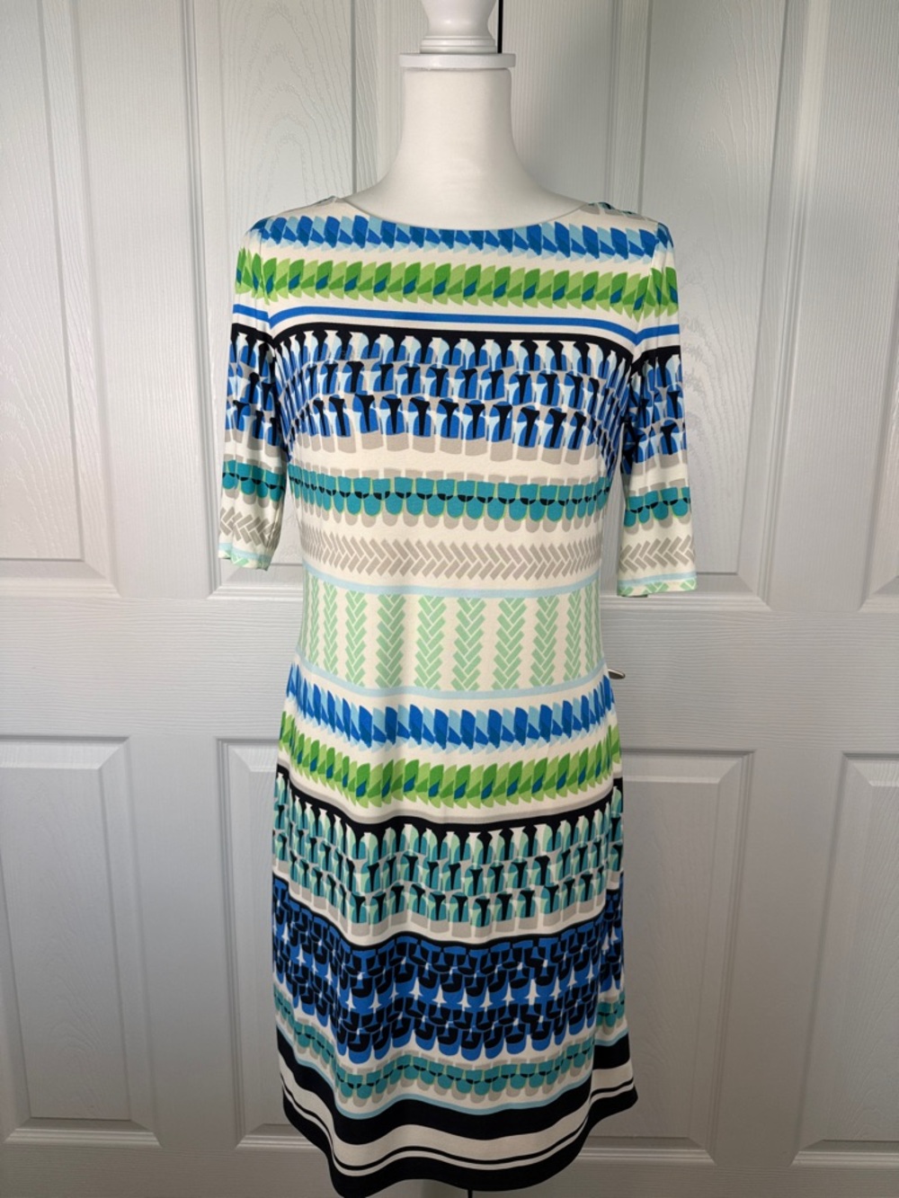 Eliza J Blue Green Geo Print Midi Dress Boat Neck Career Preppy Coastal~6